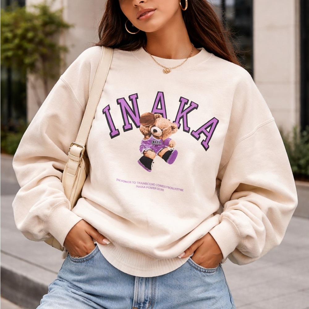 Inaka Teddy Basketball Crewneck Sweatshirt Medium Cream Oversized Streetwear